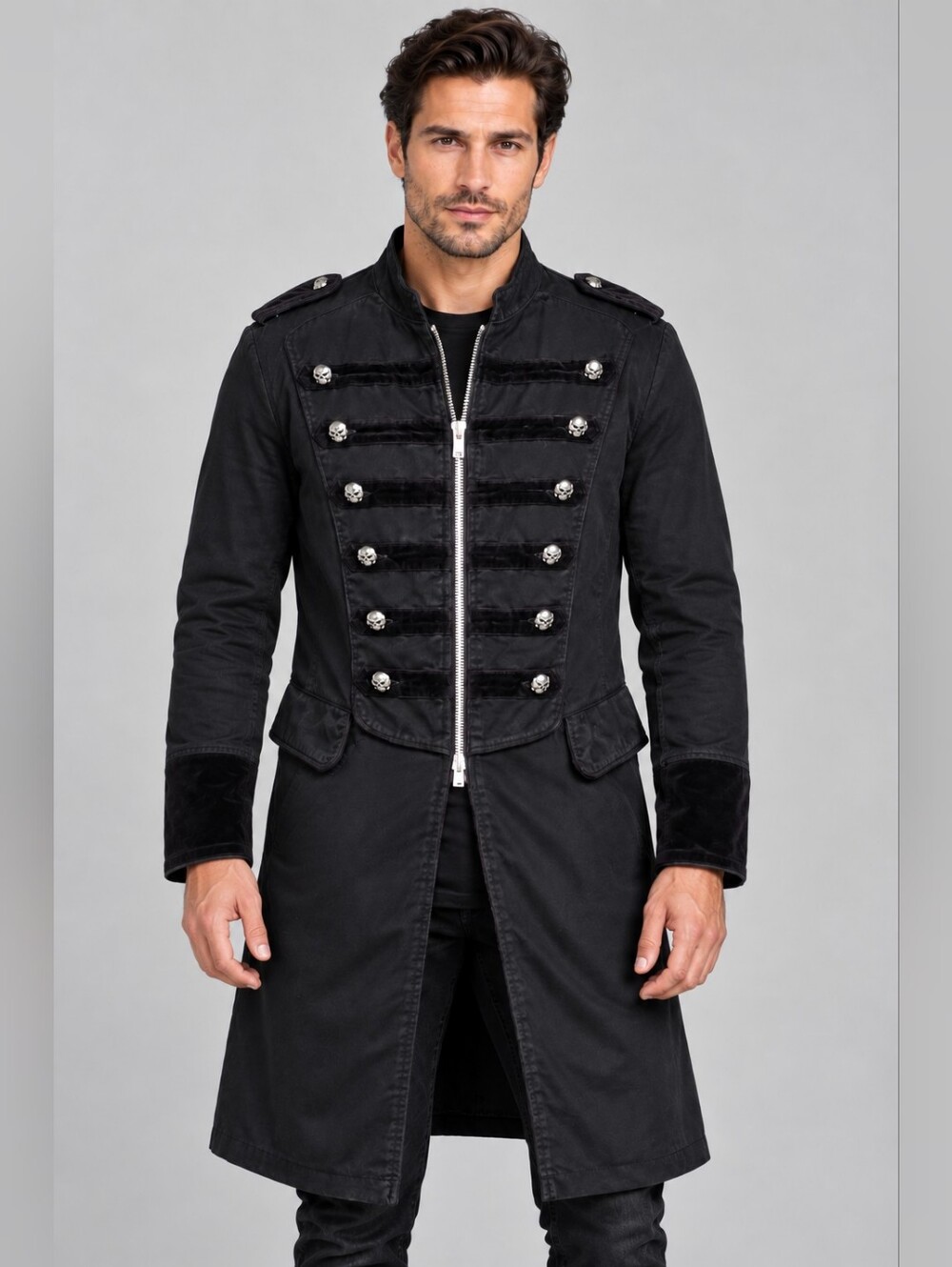 TRIPP NYC Vintage Black Military Skull Button Goth Y2K Long Trench Coat Medium